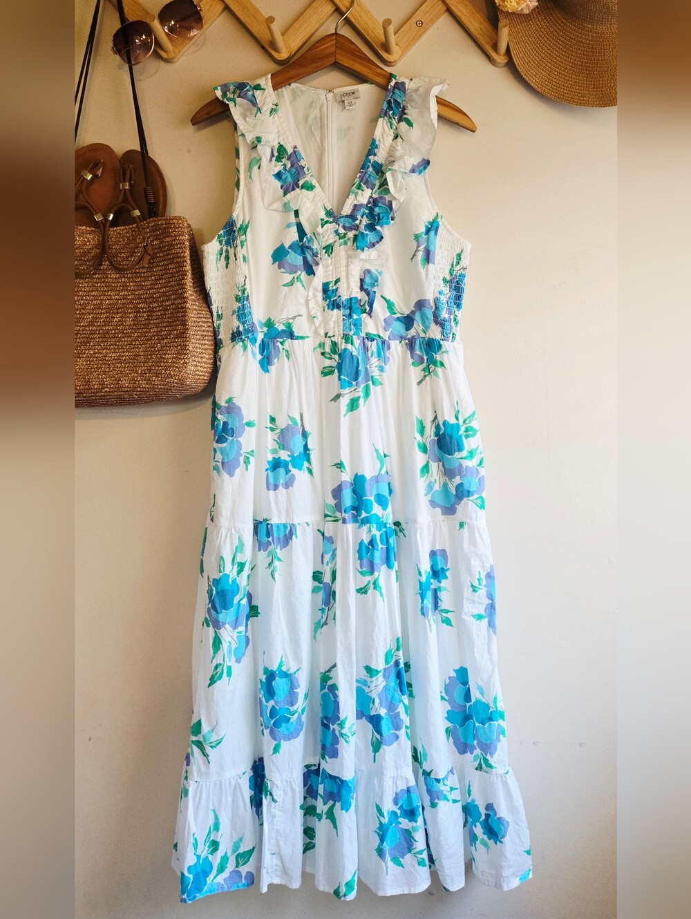 J. Crew White Midi Dress with Blue Floral Print